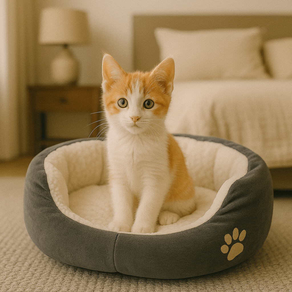 petit chat dans chat panier rond doux gris motif patte