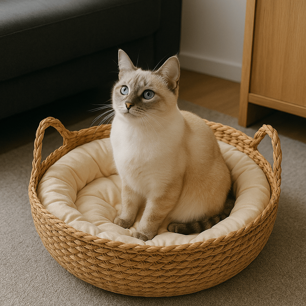siamois blanc dans panier chat osier avec oreilles chat et coussin
