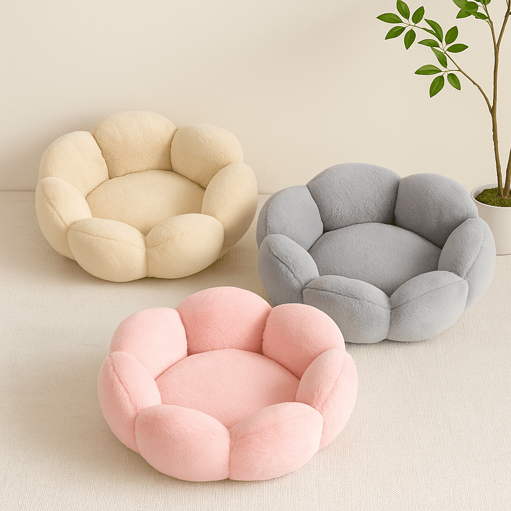 trois coussin chat fleur doux rond rose gris beige