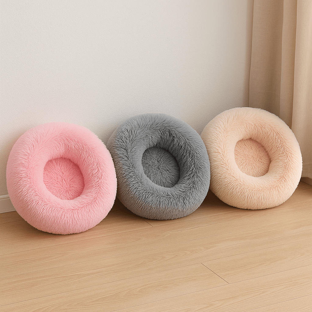 trois coussin chat peluche douce en rond beige rose gris