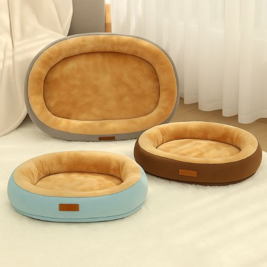 trois panier pour chat ovale gris brun bleu vert