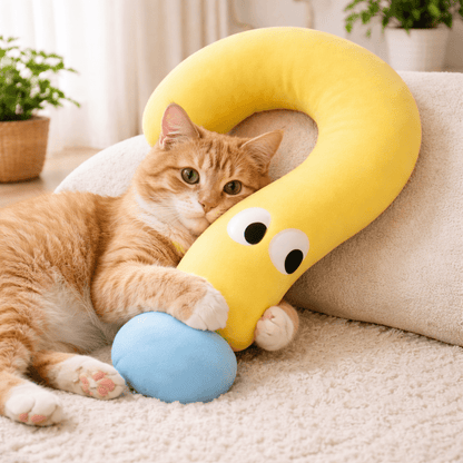 adorable chat avec coussin à chat jaune design interrogatif