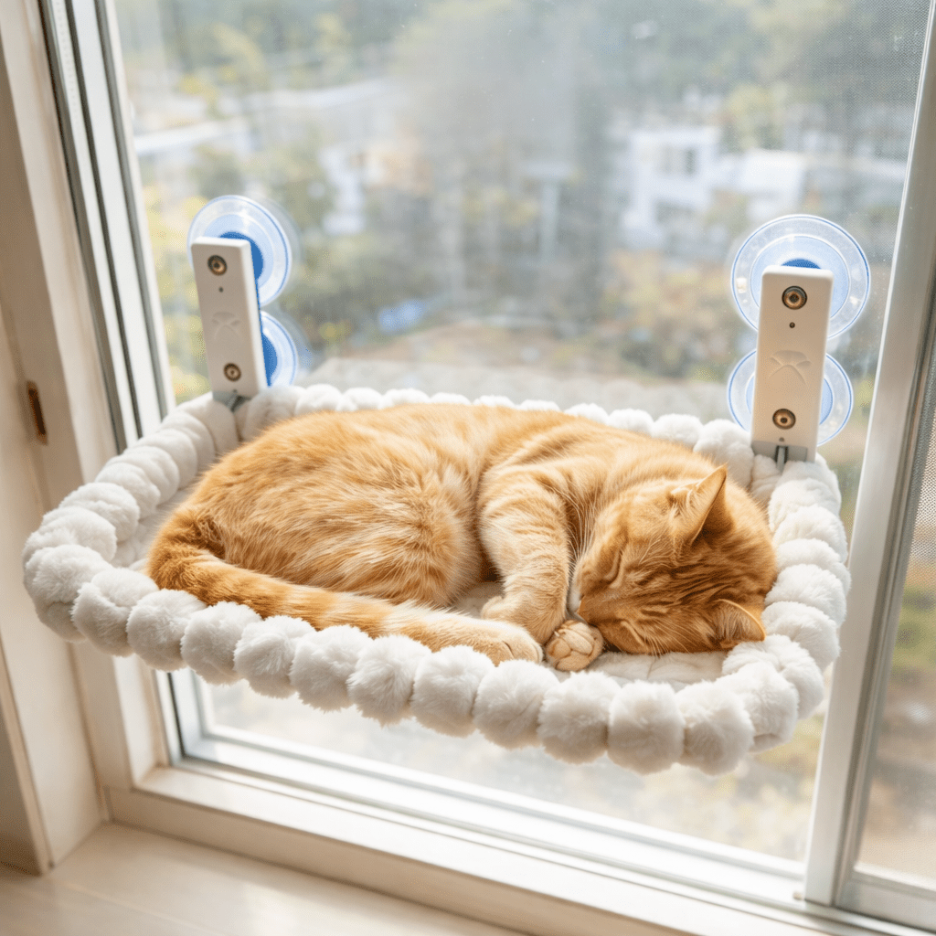adorable chat couche confortablement dans hamac pour chat fenetre blanc