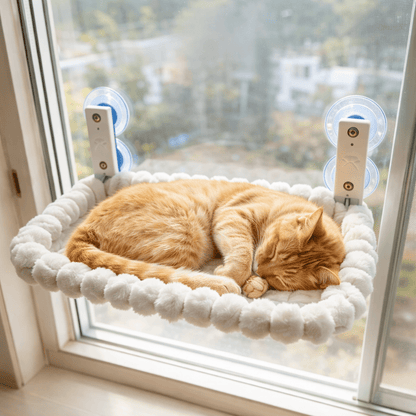 adorable chat couche confortablement dans hamac pour chat fenetre blanc