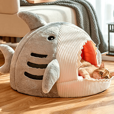 adorable chat couche dans niche chat requin gris
