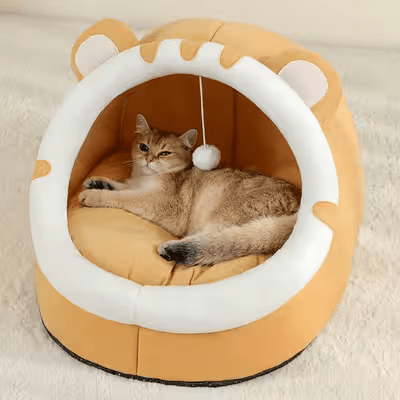 adorable chat couche dans niche pour chat jaune