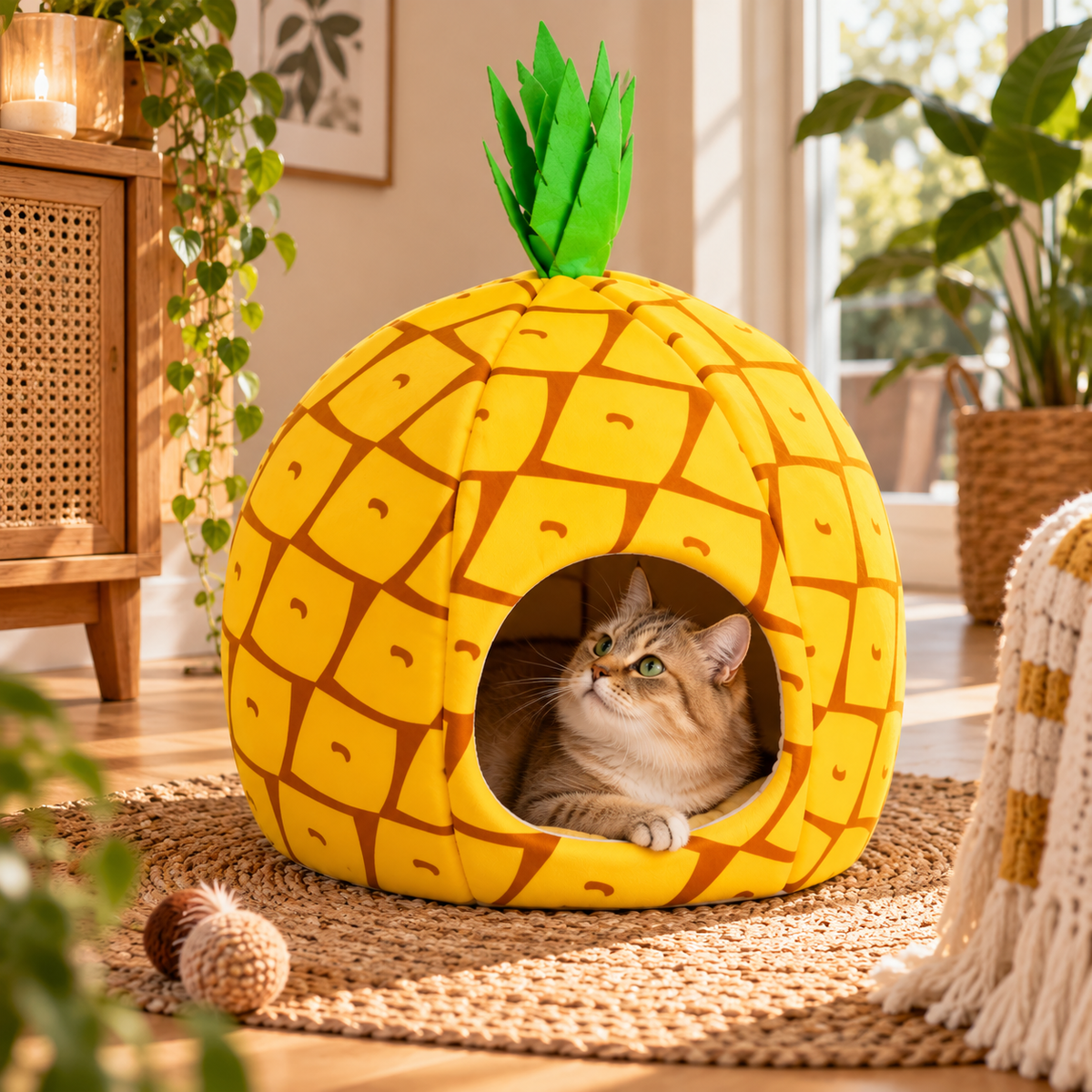 adorable chat dans niche chat chauffante design ananas