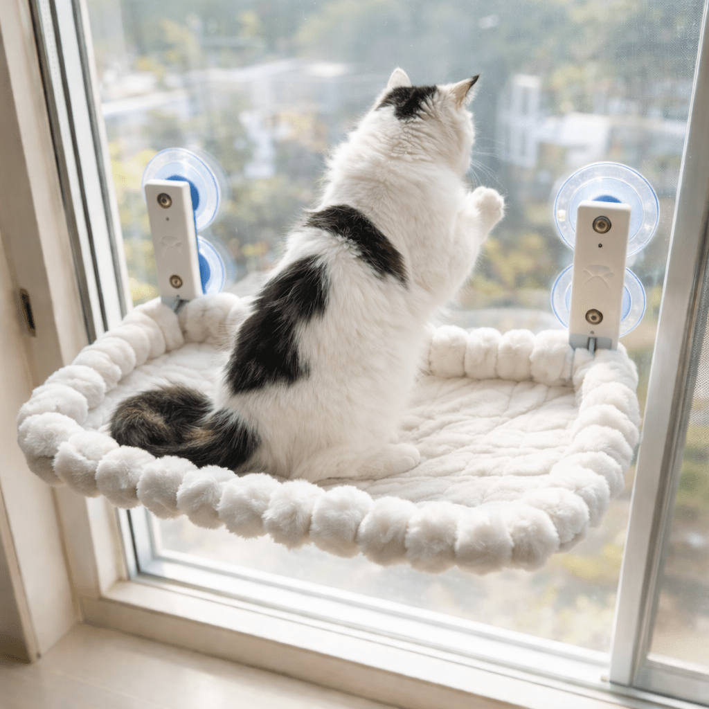 adorable chat observant dehors dans hamac pour chat fenetre blanc