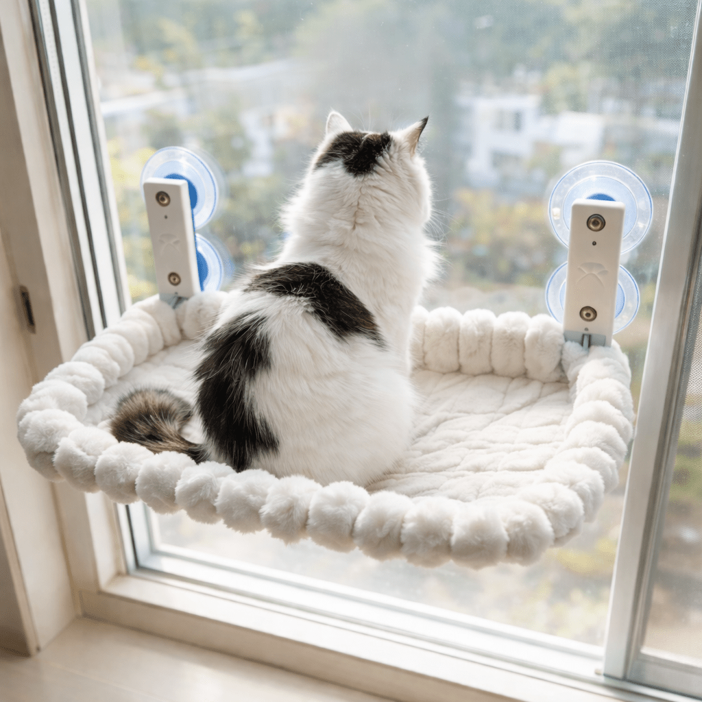 adorable chat regardant dehors dans hamac pour chat fenetre blanc