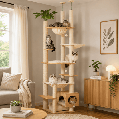 arbre a chat plafond beige avec plusieurs felins
