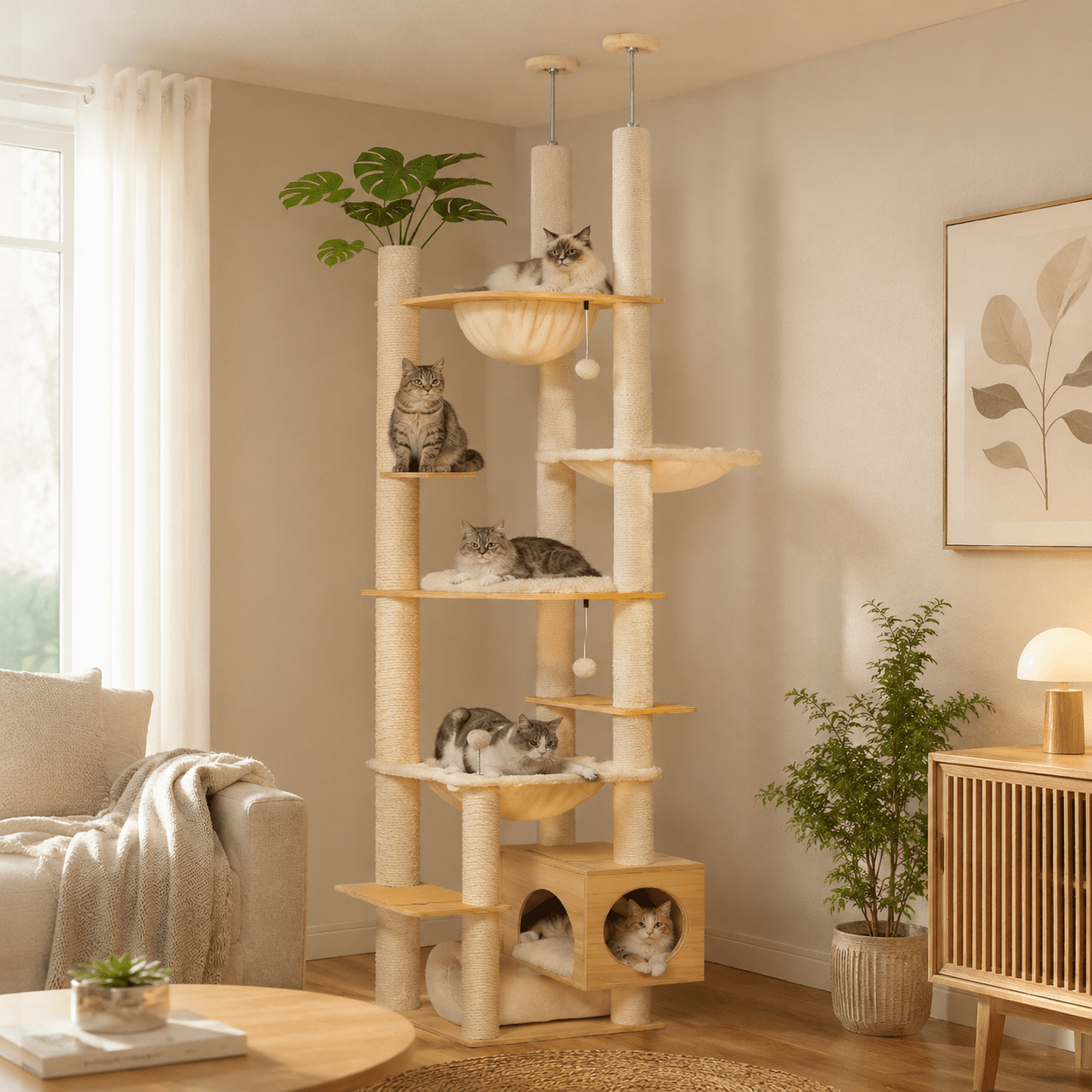 arbre a chat plafond beige avec plusieurs grands chats