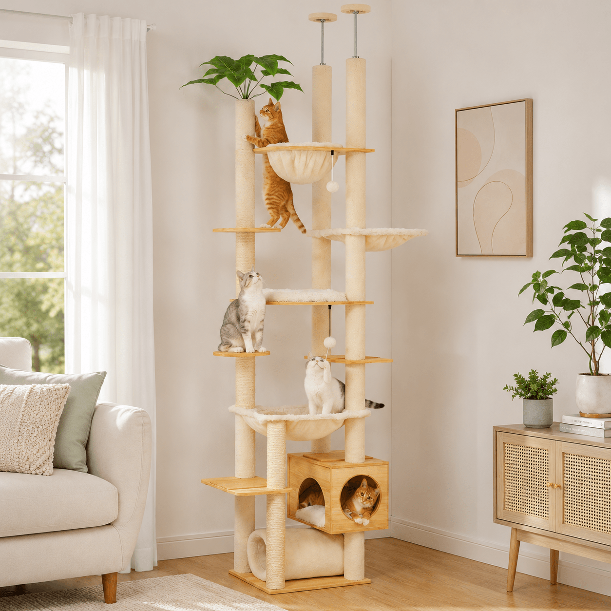 arbre a chat plafond beige avec plusieurs gros chats