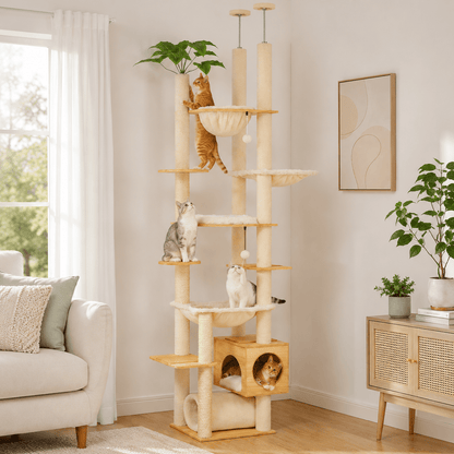 arbre a chat plafond beige avec plusieurs gros chats