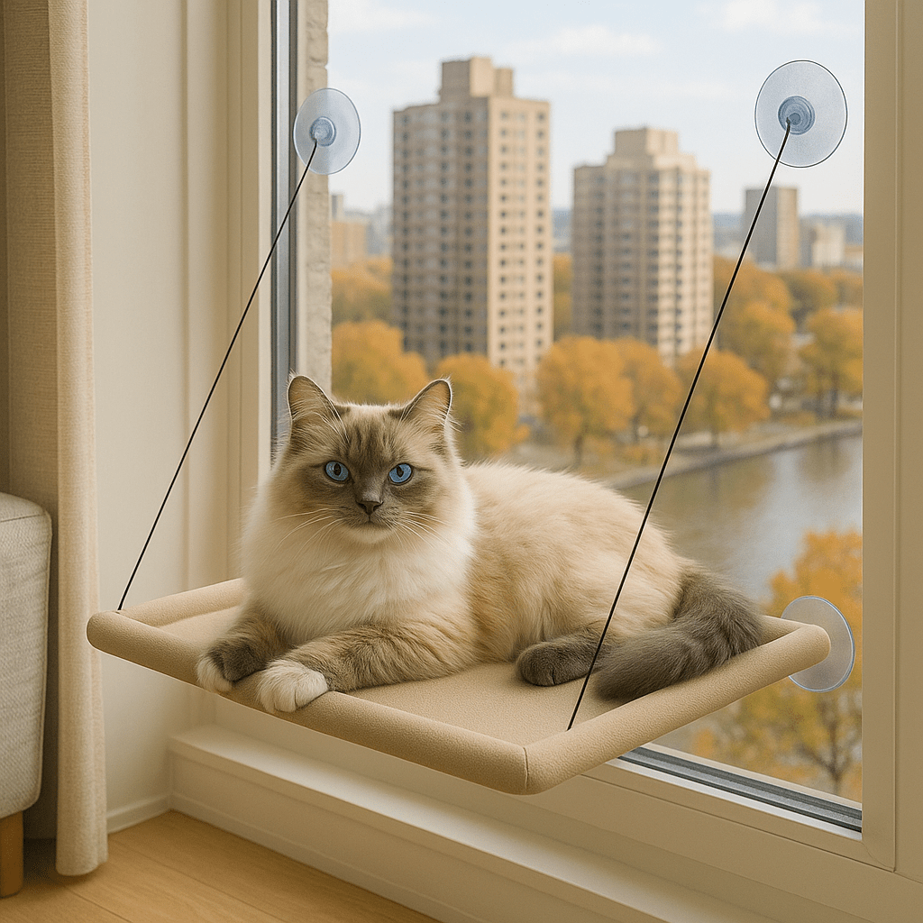 beau chat couche dans son hamac chat fenetre confortable