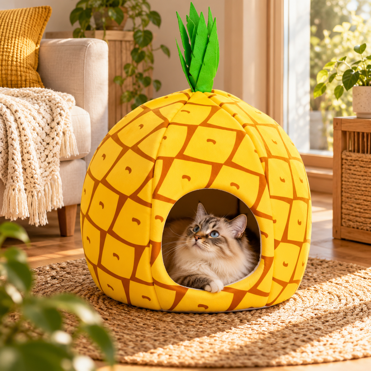 beau chat dans niche chat chauffante design ananas