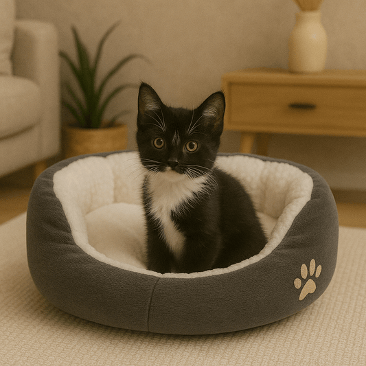 bebe chat dans chat panier rond doux gris motif patte