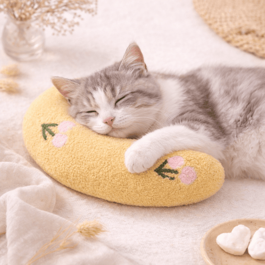 chat adorable avec coussin a chat confortable demi lune jaune