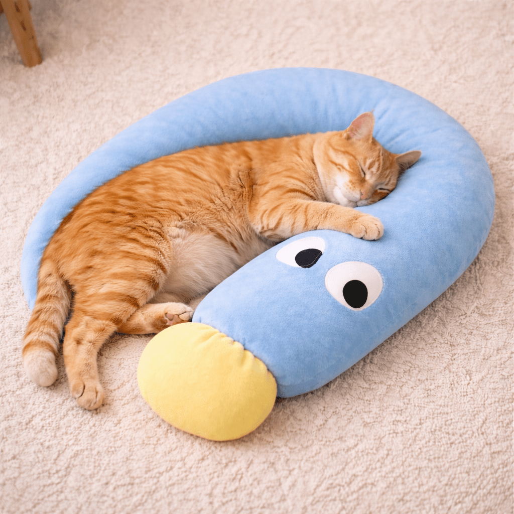 chat allonge avec coussin à chat bleu design interrogatif