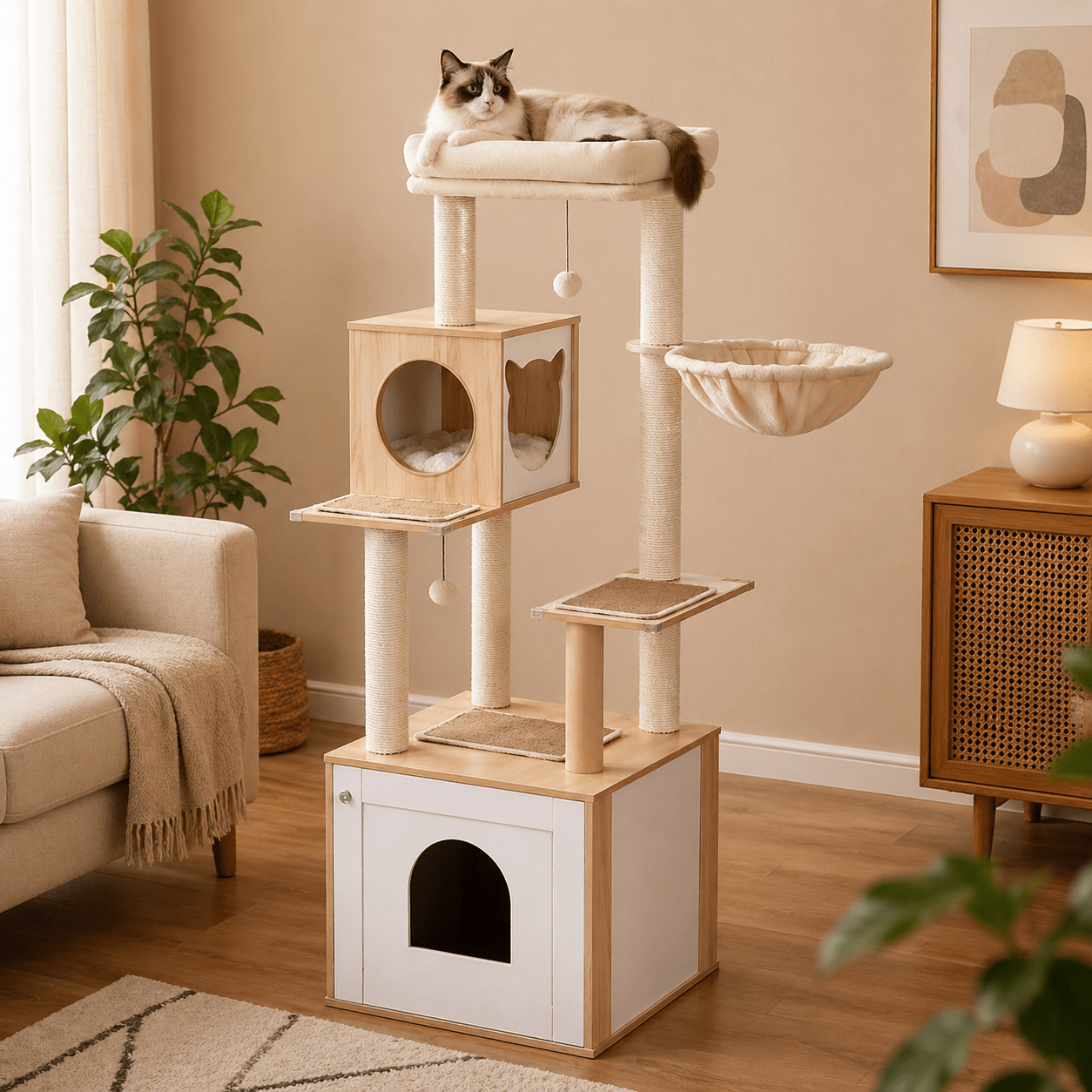 chat allonge dans arbre a chat scandinave bois multifonctions