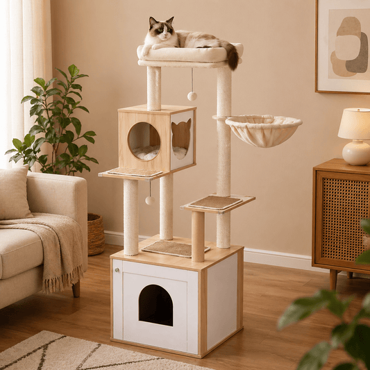 chat allonge dans arbre a chat scandinave bois multifonctions