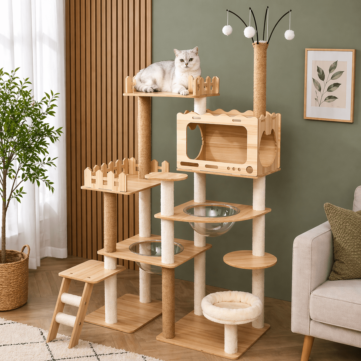 chat allonge dans arbre a chat scandinave stable elegant