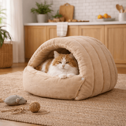 chat allonge dans chat niche chaude semi fermee beige
