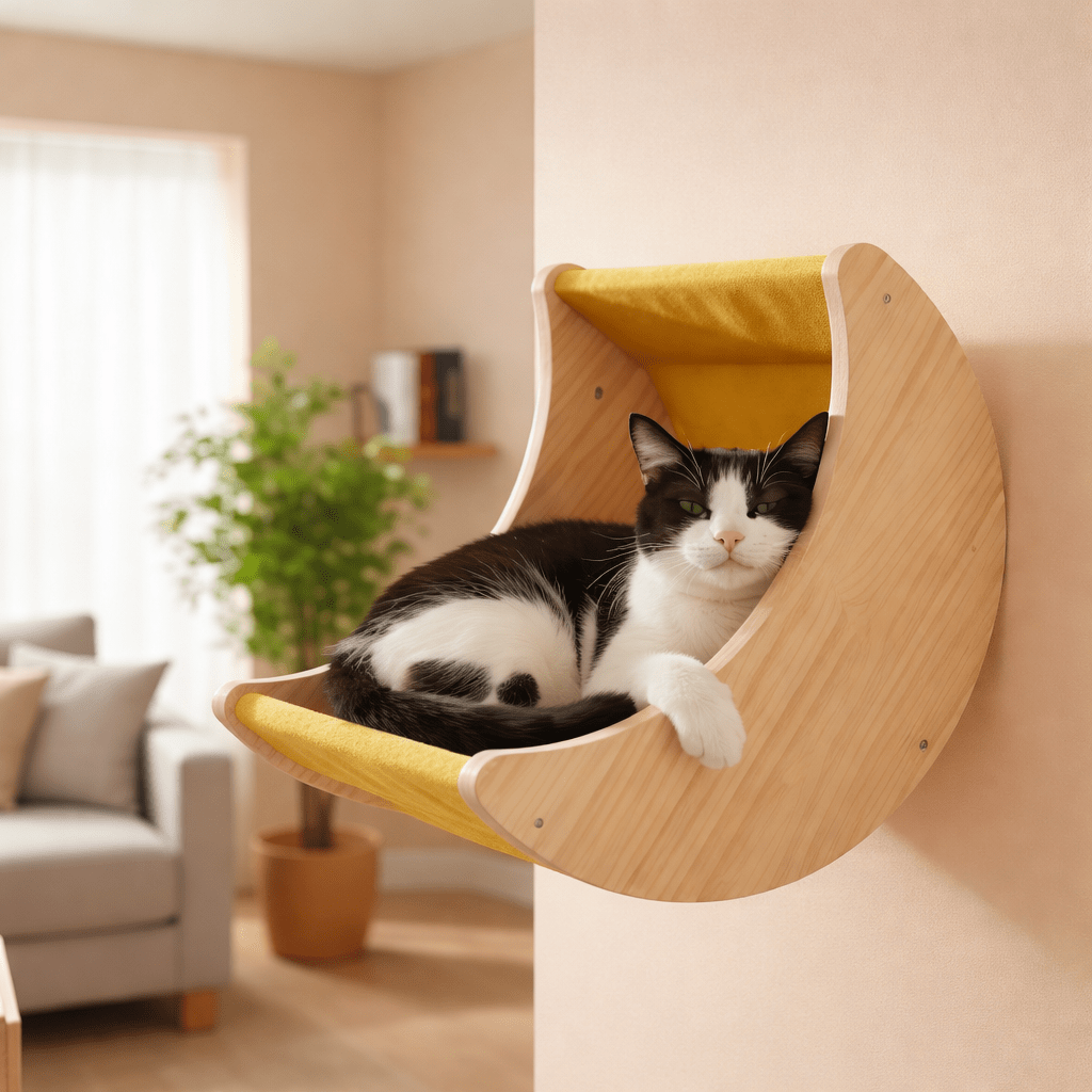 chat allonge dans hamac pour chat mural forme croissant confortable