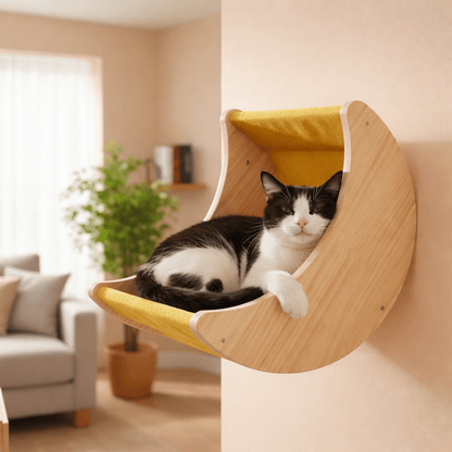 chat allonge dans hamac pour chat mural forme croissant confortable