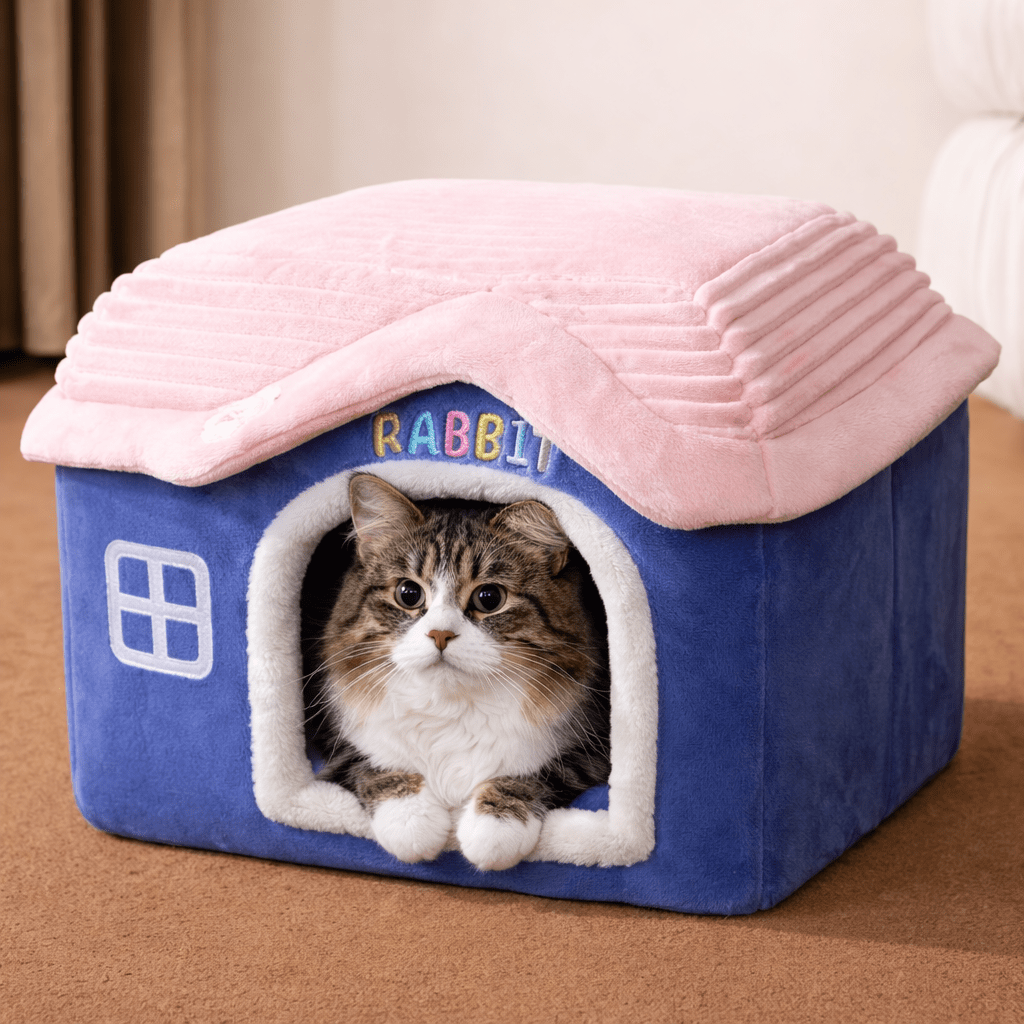 chat allonge dans maison chat confortable douce bleu