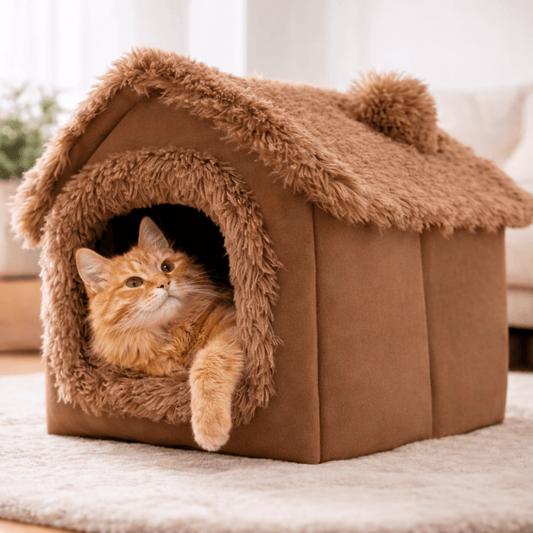 chat allonge dans maison chat peluche confortable brune