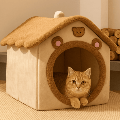 chat allonge dans maison pour chat marron adorable design ourson