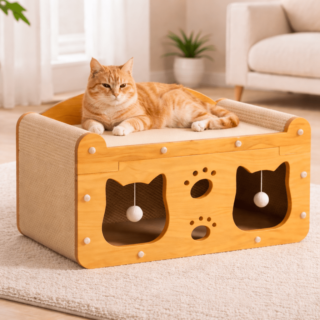 chat allonge sur maisonnette bois chat deux niveaux confortable amusante