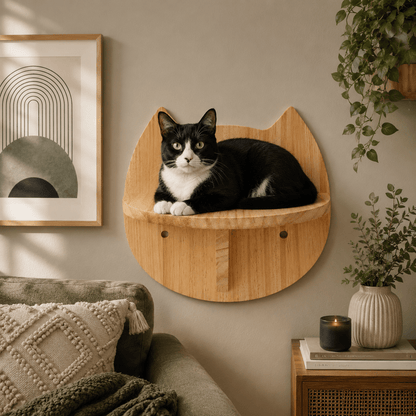 chat allonge sur plateforme murale bois design chat
