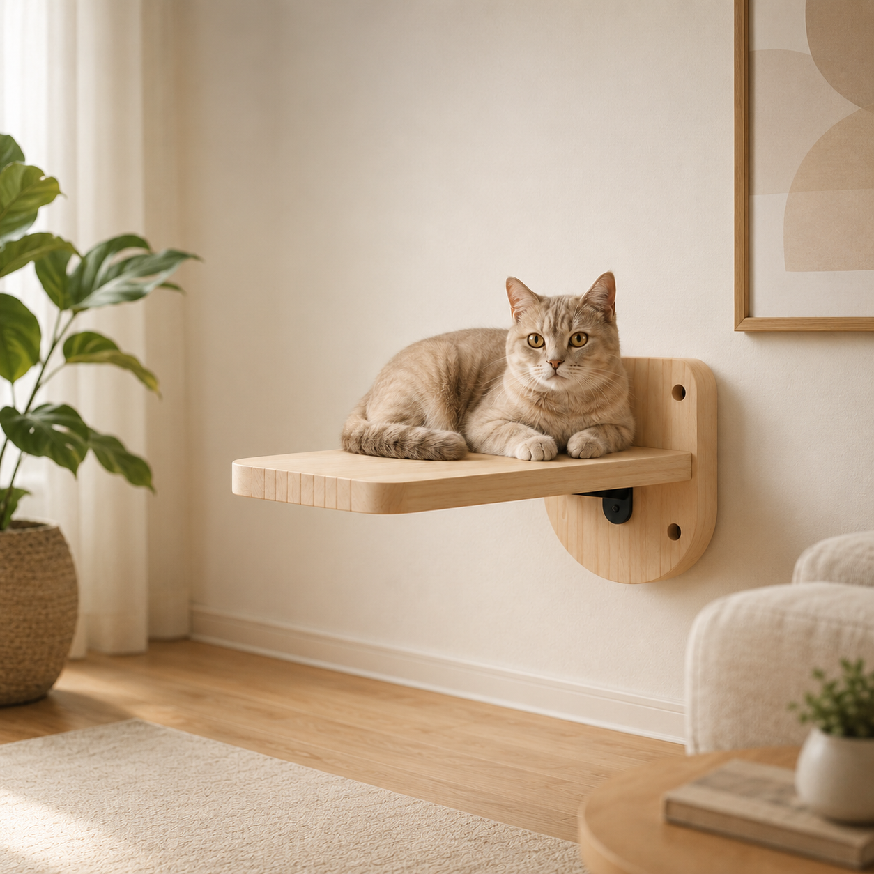 chat allonge sur plateforme murale pour chat en bois