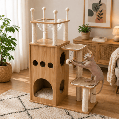 chat amuse dans arbre a chat scandinave design bois elegant