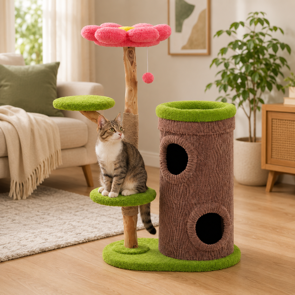 chat assis dans arbre à chat design foret