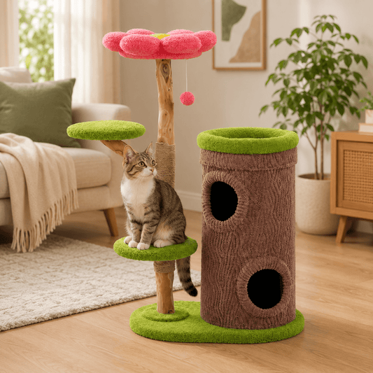 chat assis dans arbre à chat design foret