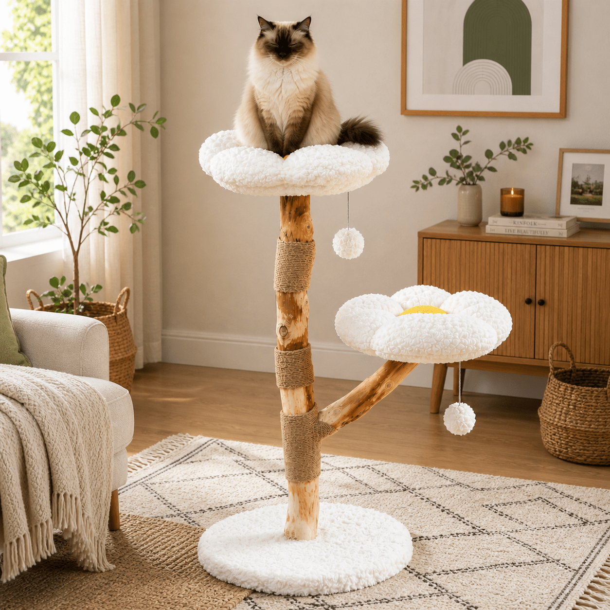 chat assis dans arbre a chat nuage design confortable