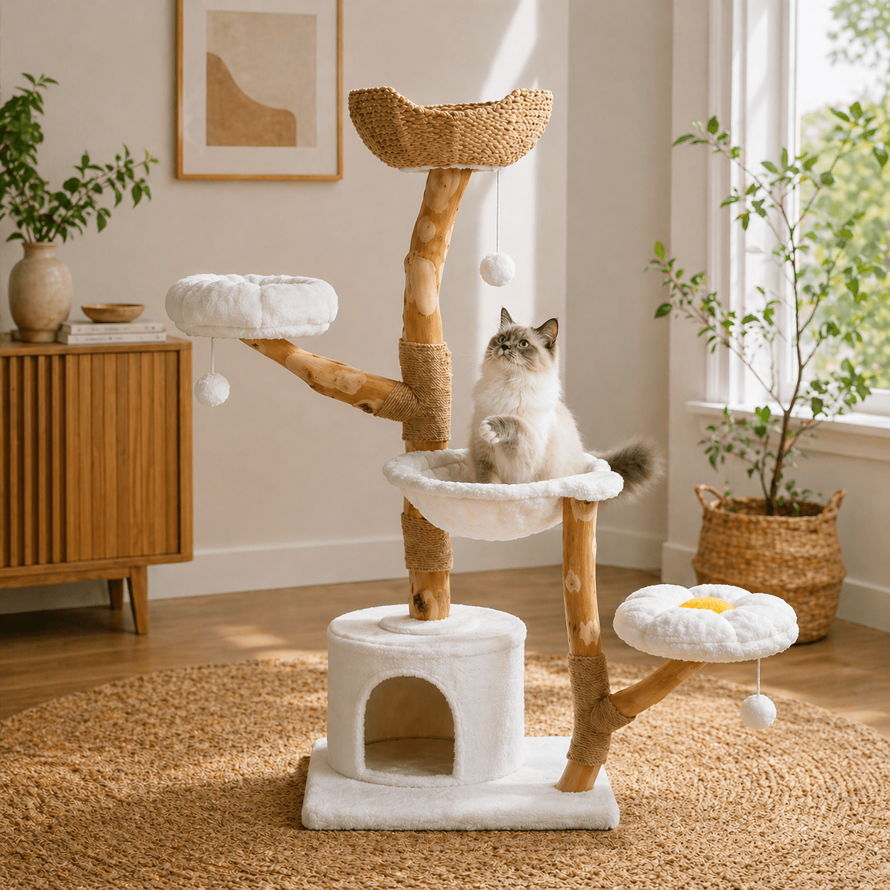 chat assis dans arbre a chat nuage tronc bois confortable