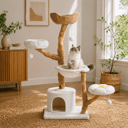 chat assis dans arbre a chat nuage tronc bois confortable
