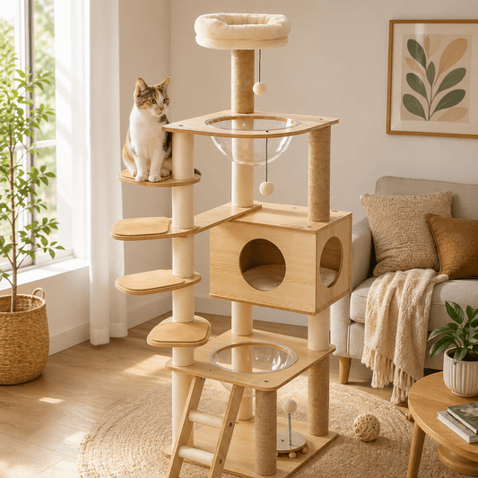 chat assis dans arbre a chat scandinave avec niche amusant bois