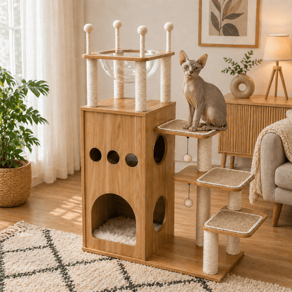 chat assis dans arbre a chat scandinave design bois elegant