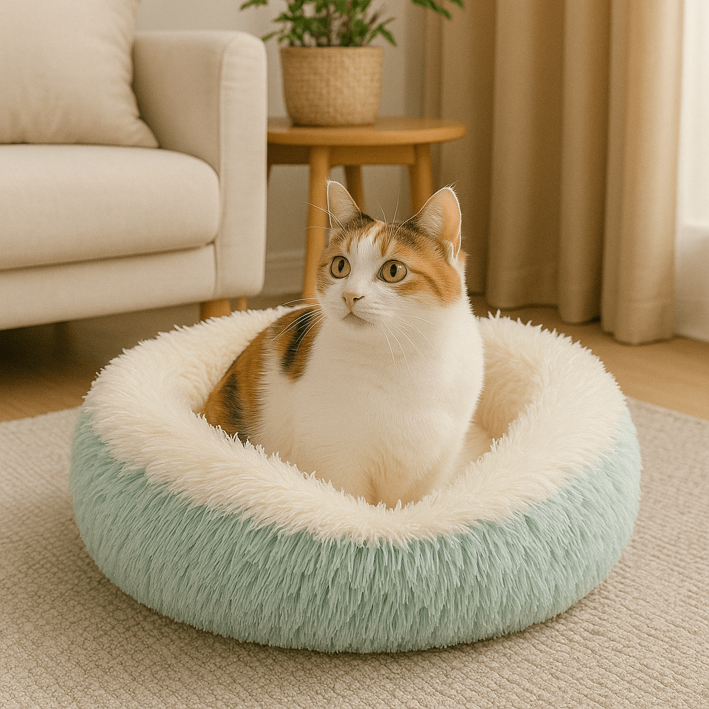 chat assis dans coussin à chat rond turquoise doux