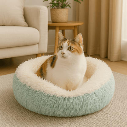 chat assis dans coussin à chat rond turquoise doux