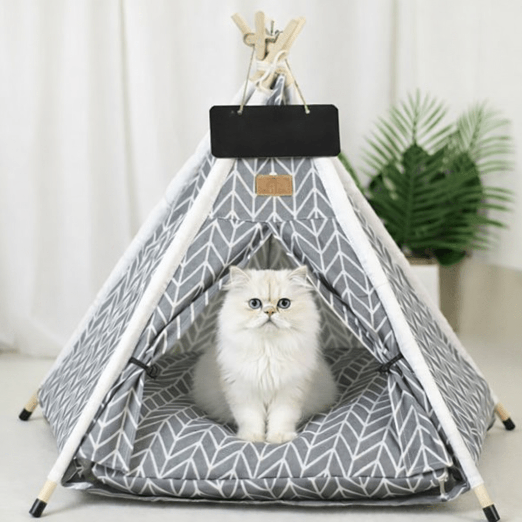 chat assis dans tente pour chat confortable design chevrons gris