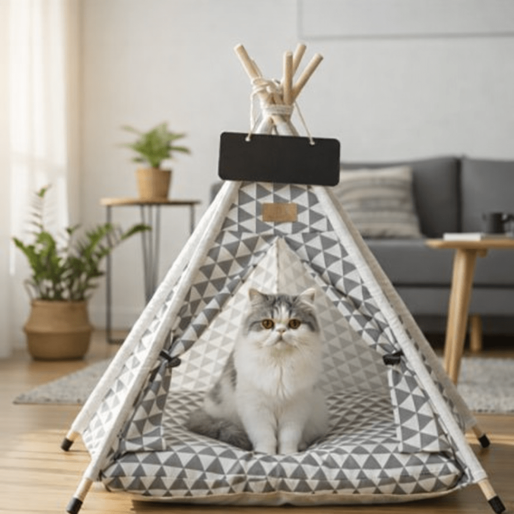 chat assis dans tente pour chat confortable design triangle gris