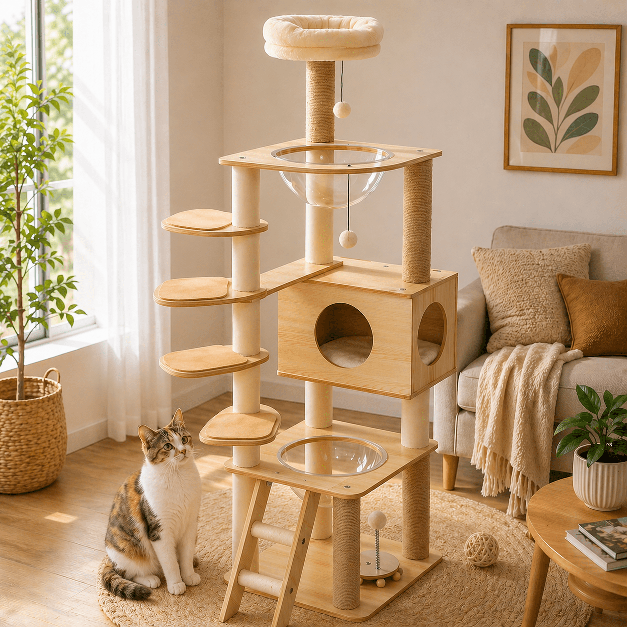 chat assis devant arbre a chat scandinave avec niche amusant bois