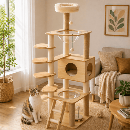 chat assis devant arbre a chat scandinave avec niche amusant bois