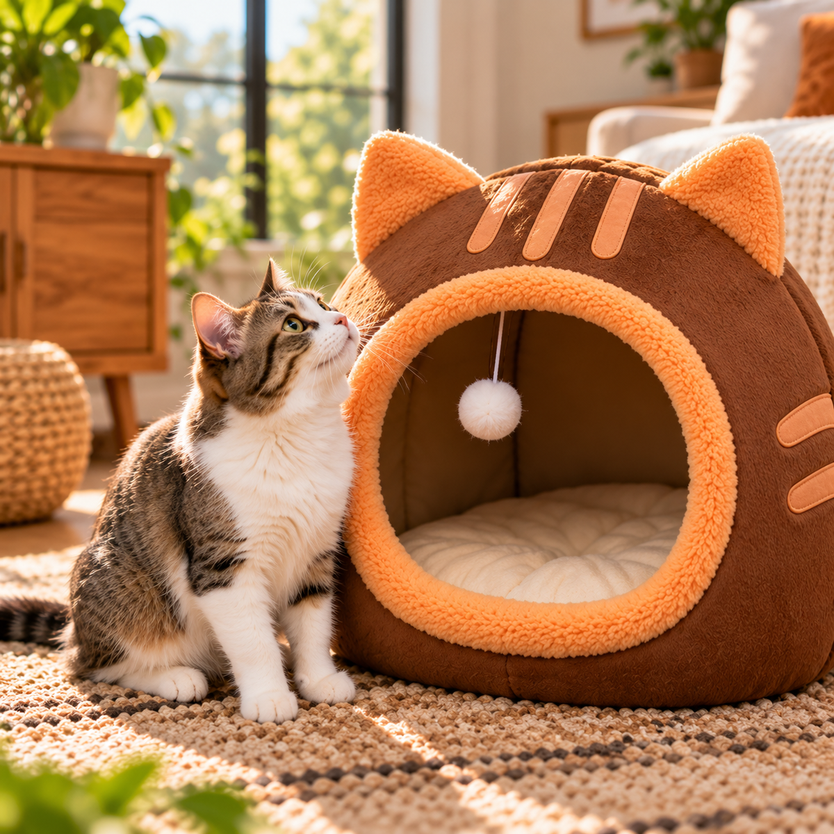 chat assis devant lit pour chat meownest marron confortable chaleureux