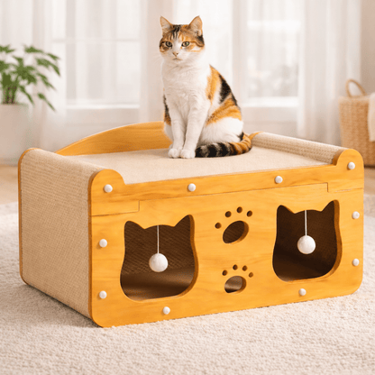 chat assis sur maisonnette bois chat deux niveaux confortable amusante